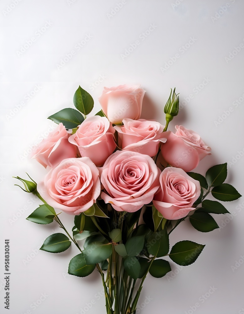 Fototapeta premium Fresh Pink Roses and Peonies Bouquet with Copy Space on White Background