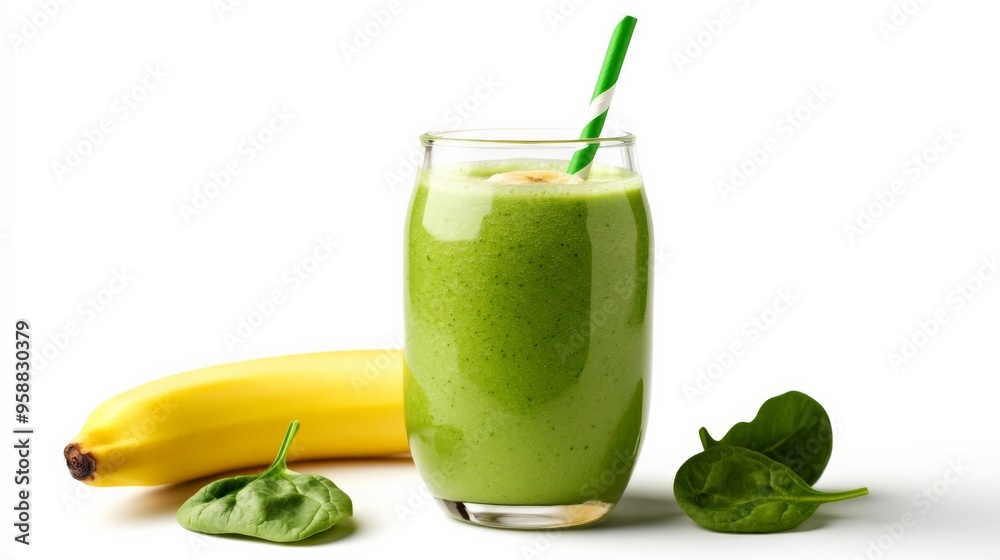 Fresh green smoothie with a banana and spinach leaves on white background. Healthy, nutritious drink perfect for a refreshing start to the day. Fresh green smoothie with a banana and spinach leaves on white background. Healthy, nutritious drink perfect for a refreshing start to the day.