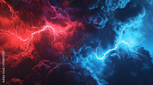 This image captures a powerful clash of red and blue lightning bolts cutting through dense, dark clouds, creating a dramatic and electrifying visual experience in the stormy sky.