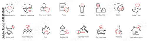 Life Insurance, Medical Insurance, Insurance Agent, Policy, Children, Earthquake, Safety, Travel Care, Retirement, Social Security, Fire, Builder Risk, Legal Expenses, Car Insurance, Disability icons
