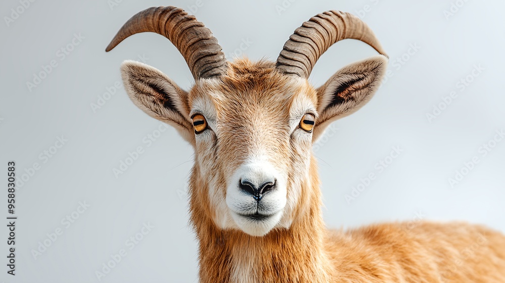a goat with long horns and a white background a goat with long horns and a white background