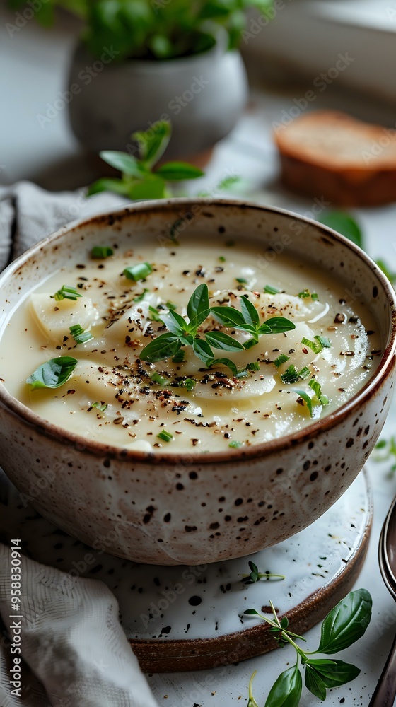 close-up of a comforting bowl of potato soup garnished with fresh herbs and cracked black pepper, creating a warm and appetizing feel. Perfect for themes of comfort food, cooking close-up of a comforting bowl of potato soup garnished with fresh herbs and cracked black pepper, creating a warm and appetizing feel. Perfect for themes of comfort food, cooking