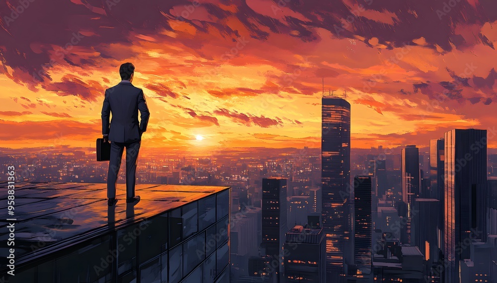 A Businessman Standing on a Rooftop with a Cityscape and Sunset in the Background A Businessman Standing on a Rooftop with a Cityscape and Sunset in the Background