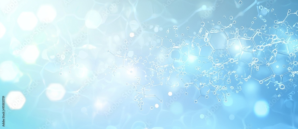 Illustration of molecules in 3D. Abstract crystal cell structure. Transparent elements with a glossy effect. Blue background with fresh, clean, technological elements. Illustration of molecules in 3D. Abstract crystal cell structure. Transparent elements with a glossy effect. Blue background with fresh, clean, technological elements.