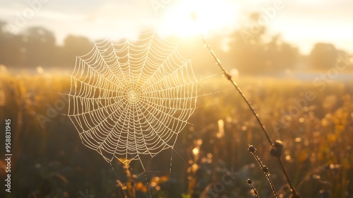 Delicate Spider Web Gently Swaying in Misty Morning Breeze