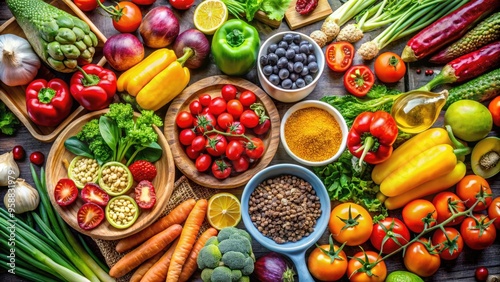 An Image Featuring A Variety Of Fresh, Vibrant Food Items Against A Plain Background, Ideal For Showcasing Culinary Concepts Or Healthy Eating. photo