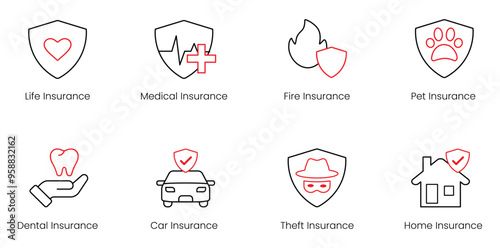 Life Insurance, Medical Insurance, Fire, Pet , Dental, Car Insurance, Theft, Home Insurance Vector Icon Set