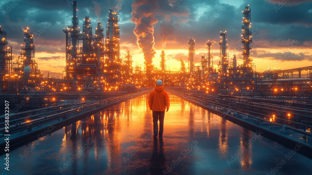 Fototapeta premium An engineer inspects pipelines and drilling rigs at a large factory behind a subsea facility.