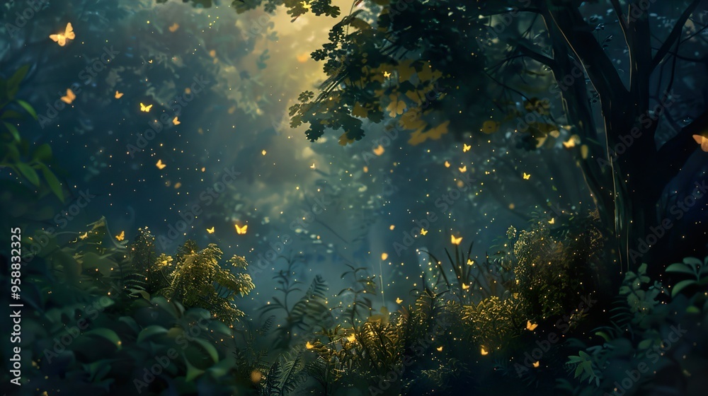 A mystical forest with golden butterflies flitting through the air, creating a magical and enchanting atmosphere. A mystical forest with golden butterflies flitting through the air, creating a magical and enchanting atmosphere.