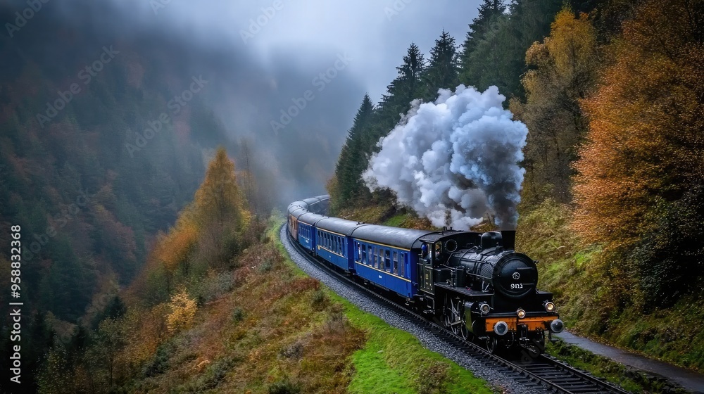 Obraz premium A black steam locomotive races down the tracks in a vibrant autumn landscape, pulling an old train with blue and yellow planks while white smoke billows from its chimney