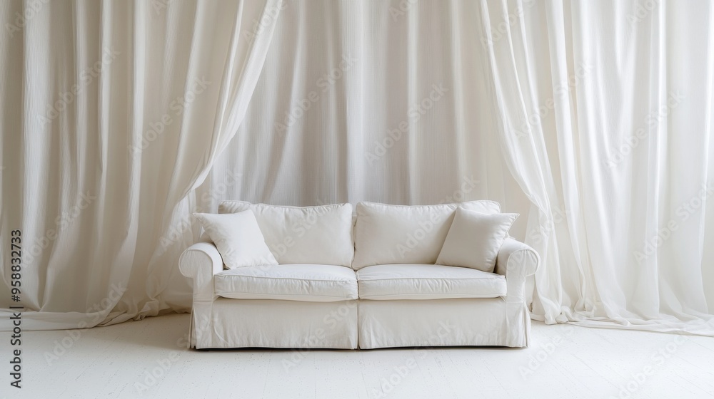 Minimalist White Sofa with Draped Curtains Minimalist White Sofa with Draped Curtains