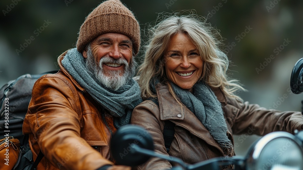 cheerful senior couple travellers with motorbike in countryside cheerful senior couple travellers with motorbike in countryside