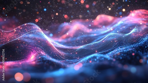 Abstract Blue and Pink Glowing Particle Wave Landscape photo