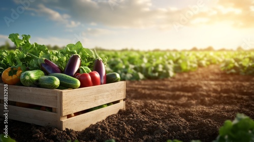 Fresh organic vegetables in a wooden crate on a farm field during sunset, symbolizing harvest season and sustainable agriculture.