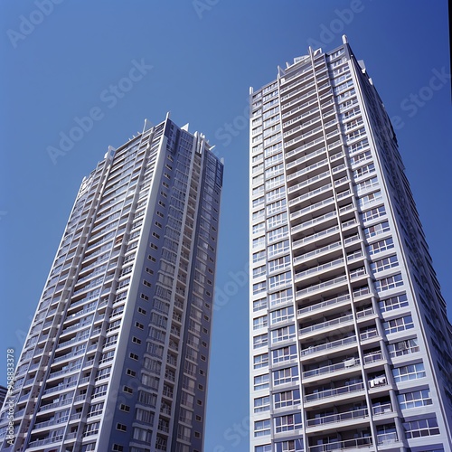 Modern skyscrapers on blue sky background. Architectural detail