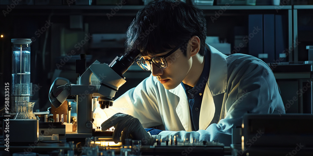 Naklejka premium Asian scientist working diligently at a laboratory bench