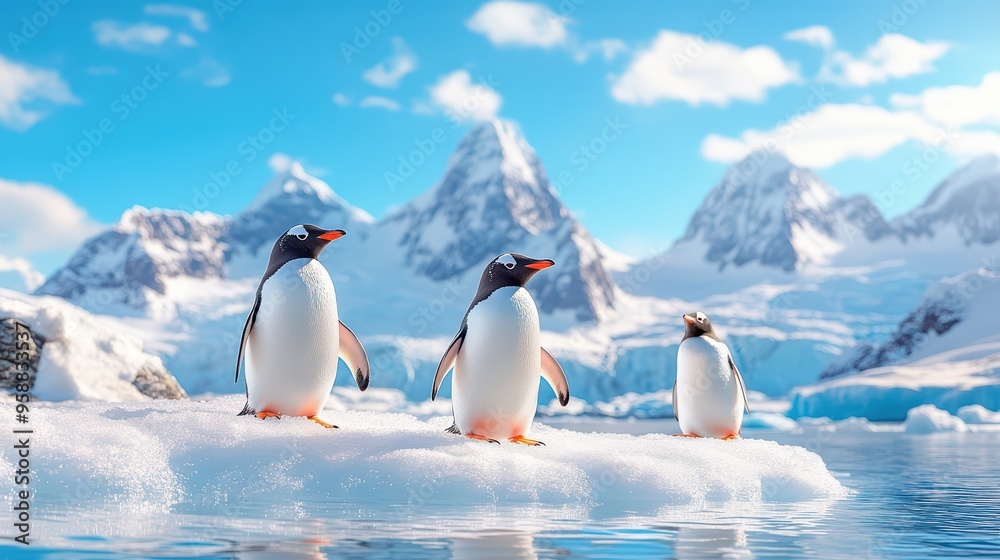Obraz premium Beautiful scene of three penguins standing on an ice floe with stunning mountains and clear blue skies in the background.