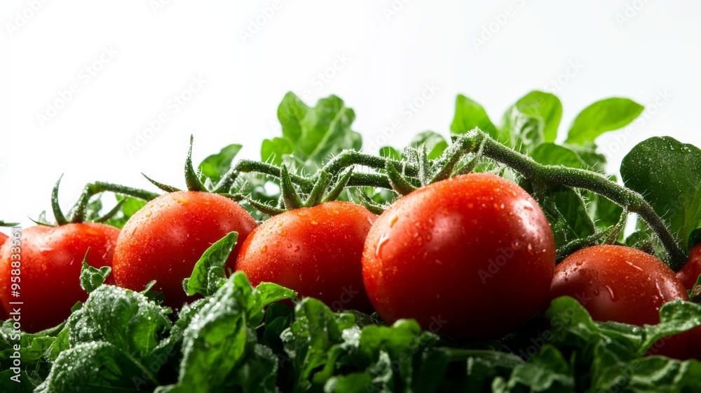 Fresh ripe tomatoes on a vine nestled in vibrant green leafy greens, showcasing nature's healthy and organic produce. Fresh ripe tomatoes on a vine nestled in vibrant green leafy greens, showcasing nature's healthy and organic produce.