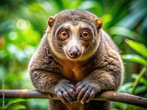 A rare Sulawesi bear cuscus, a small, nocturnal marsupial native to Indonesia, perches on a branch, showcasing its soft, brown fur and large, round eyes. photo