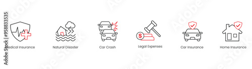 Medical Insurance, Natural Disasters, Car Crash, Legal Expenses, Car Insurance, Home Insurance Vector Icon Set