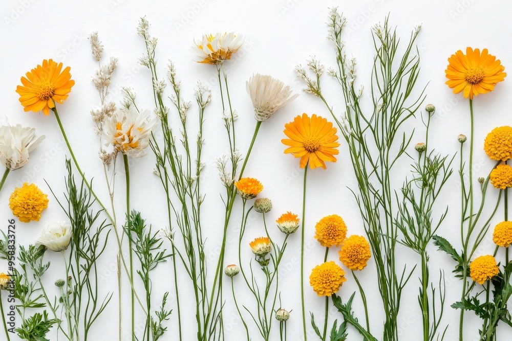 Fototapeta premium Dry meadow flowers on white background, top view