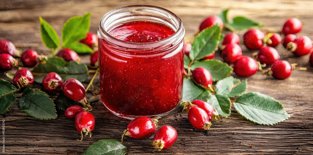 This image displays a jar of vibrant red jam surrounded by freshly picked rose hips, all set on a rustic wooden background, evoking natural and homemade feelings. This image displays a jar of vibrant red jam surrounded by freshly picked rose hips, all set on a rustic wooden background, evoking natural and homemade feelings.
