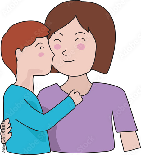 Cartoon mother and son illustration on transparent background. 