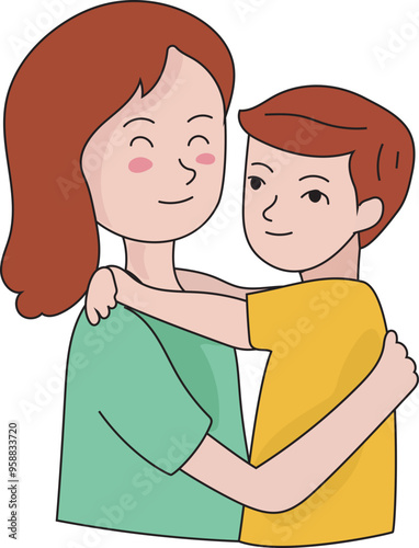 Cartoon mother and son illustration on transparent background.
