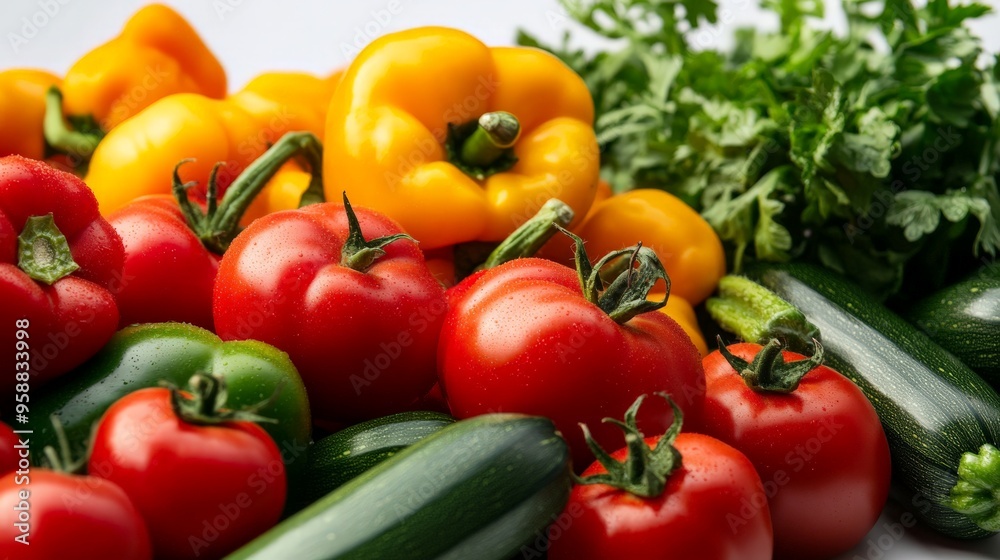 Fresh variety of colorful vegetables including red tomatoes, yellow bell peppers, green zucchini, and leafy greens on a white background. Fresh variety of colorful vegetables including red tomatoes, yellow bell peppers, green zucchini, and leafy greens on a white background.