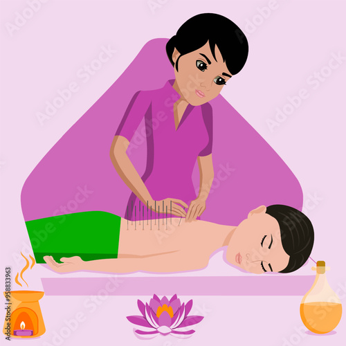 Needle Acupuncture treatment by professional acupuncturist in spa. Isolated flat vector illustration. Indian and Asian ethnicity.