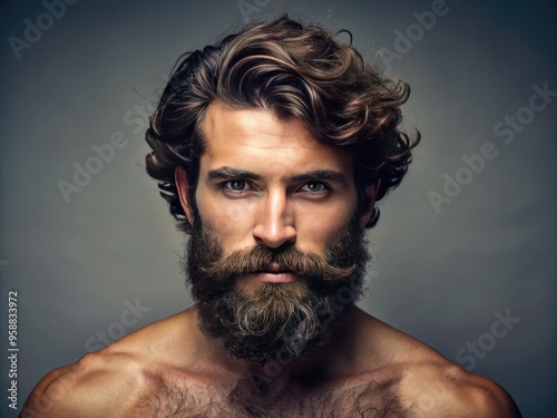 A ruggedly handsome man showcases his thick, curly beard and abundant chest hair, exuding masculinity and confidence against a neutral background. photo