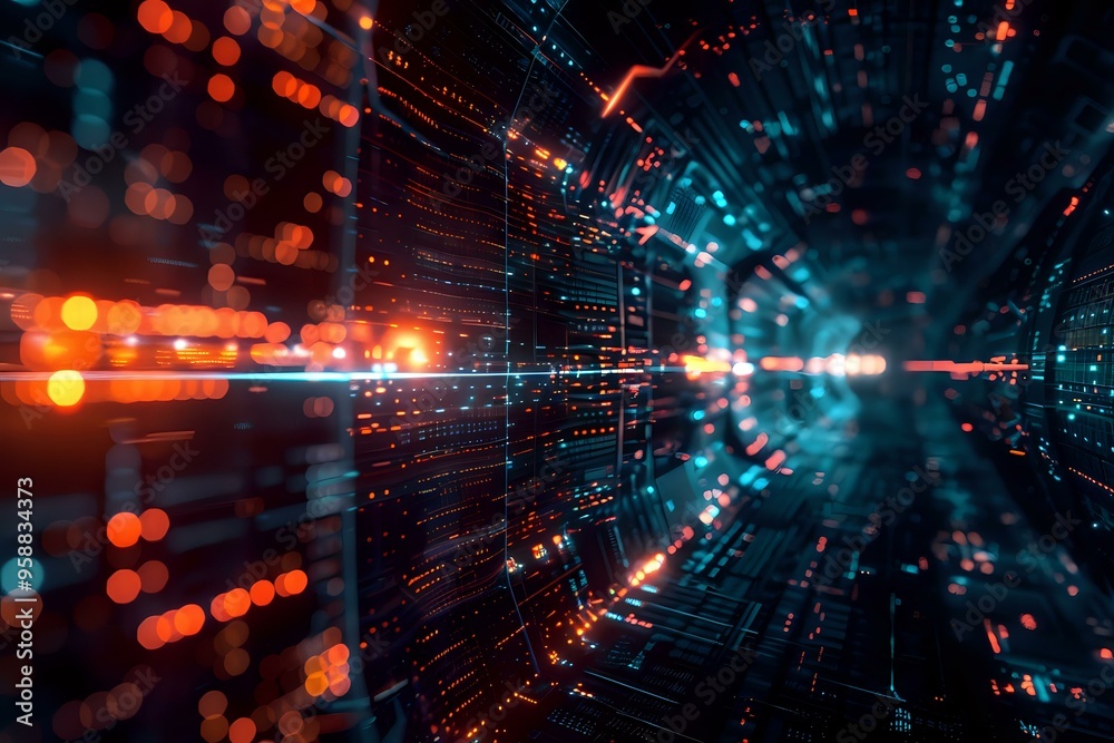 dynamic futuristic image with glowing orange and blue lights forming a tunnel of data streams, symbolizing digital communication and high-speed technology. Perfect for themes of data transfer, AI dynamic futuristic image with glowing orange and blue lights forming a tunnel of data streams, symbolizing digital communication and high-speed technology. Perfect for themes of data transfer, AI