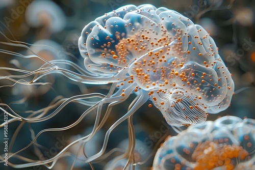 A stunning close-up of a translucent jellyfish with delicate tentacles and glowing orange details, floating gracefully in the water. Ideal for themes of marine life, nature, and underwater beauty. photo