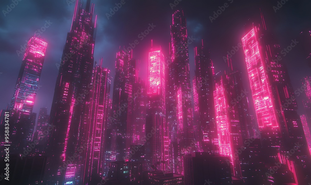 Obraz premium Futuristic Cityscape with Pink Neon Lights