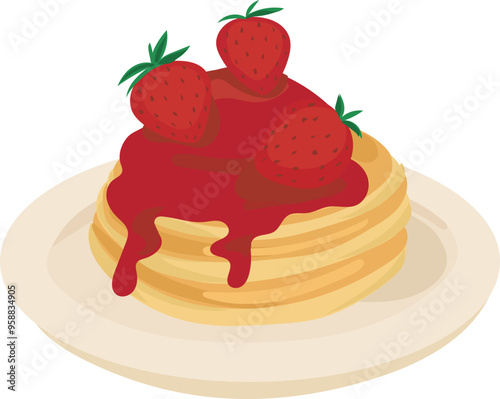 Cartoon strawberry pancakes illustration on transparent background.
