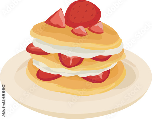 Cartoon strawberry pancakes illustration on transparent background.
