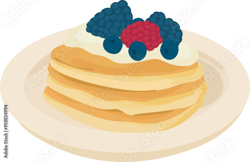 Cartoon blueberry pancakes illustration on transparent background.
