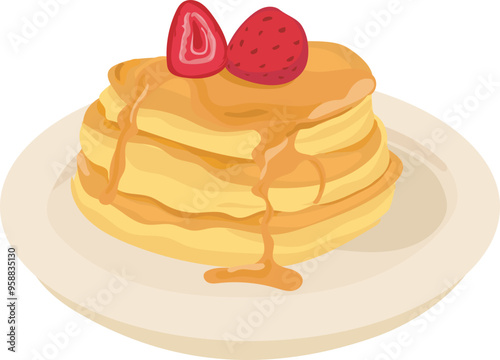 Cartoon strawberry pancakes illustration on transparent background.
