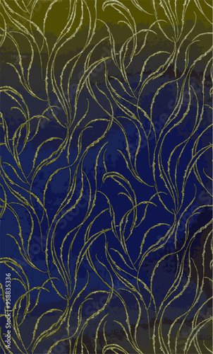 Abstract pattern of golden seagrass swaying in blue-green water, evoking twilight reflections and shimmer.