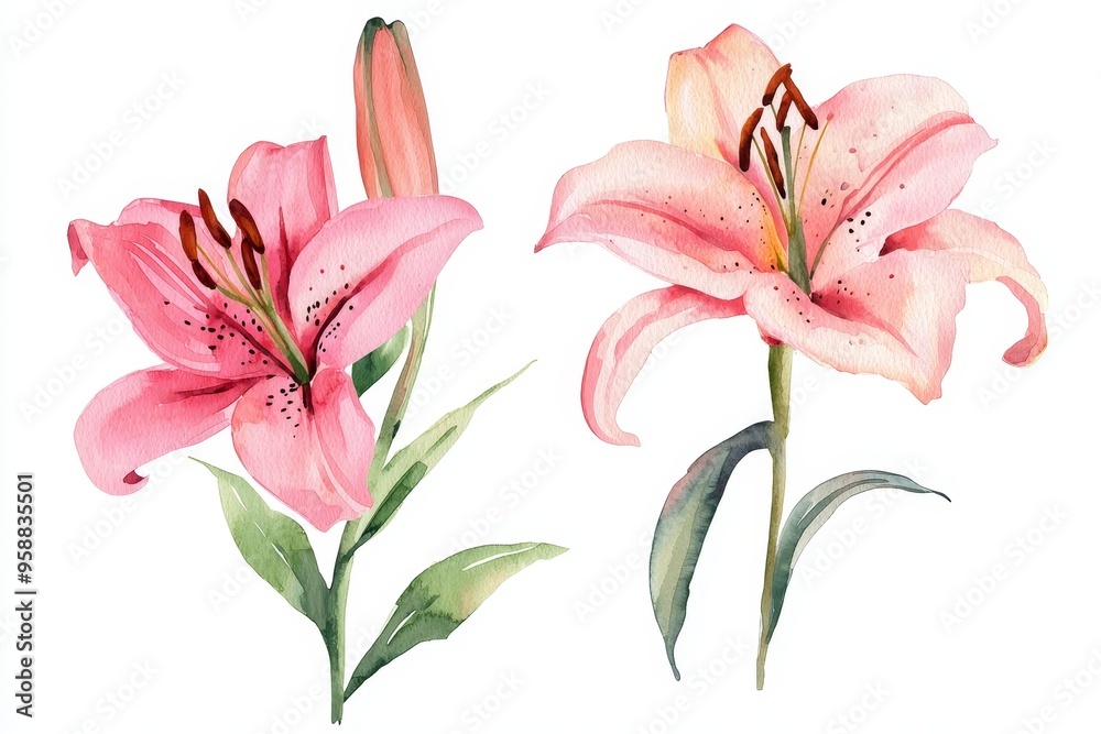 Obraz premium Watercolor illustration of pink lilies on a white background