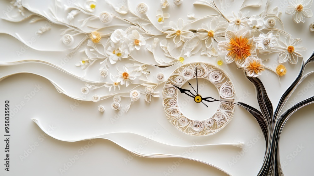Quilled Paper Clock: A Delicate Timekeeper in a Serene Setting Quilled Paper Clock: A Delicate Timekeeper in a Serene Setting