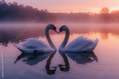 Fototapeta Naklejka Na Ścianę i Meble -  Two graceful swans form a heart shape with their necks at dawn on a still lake, creating a serene and romantic scene. Perfect for themes of love, tranquility, and nature.