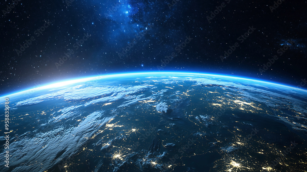 Stunning View of Earth from Space with City Lights and Starry Sky Stunning View of Earth from Space with City Lights and Starry Sky