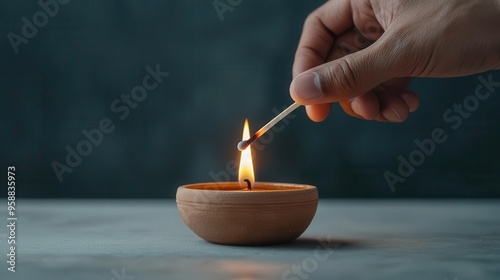 Close-up of a hand lighting a traditional diya lamp with a matchstick, symbolic of Diwali celebration and light photo