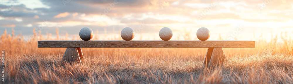 A wooden bench with four round balls on it A wooden bench with four round balls on it