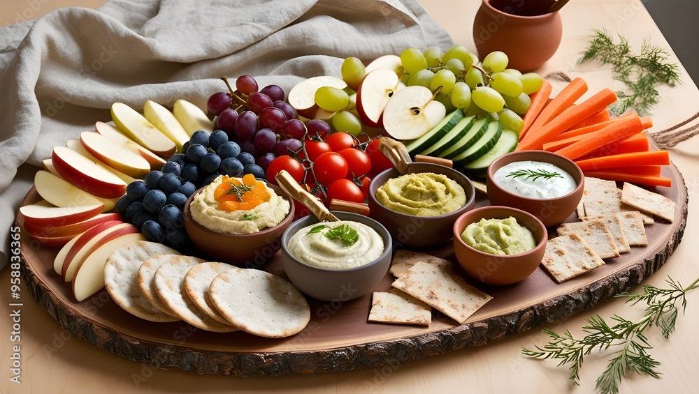 A wooden platter filled with an assortment of delicious foods, perfect for gatherings and culinary displays.
A wooden platter filled with an assortment of delicious foods, perfect for gatherings and culinary displays.