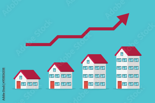 Housing prices rise up. The concept of growth in demand for real estate. Increase in the value of property, vector illustration	