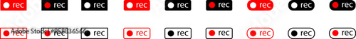 Black recording icons. Black recording buttons. Video recording sign. Red and black symbol for starting video recording on camera.