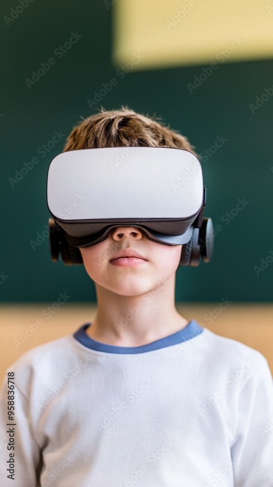 Young boy wearing virtual reality headset, exploring immersive experiences with excitement and curiosity. Young boy wearing virtual reality headset, exploring immersive experiences with excitement and curiosity.
