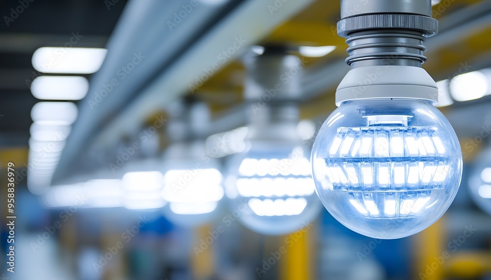 Close-up of a Clear LED Light Bulb with a Row of Identical Bulbs in the Background Close-up of a Clear LED Light Bulb with a Row of Identical Bulbs in the Background
